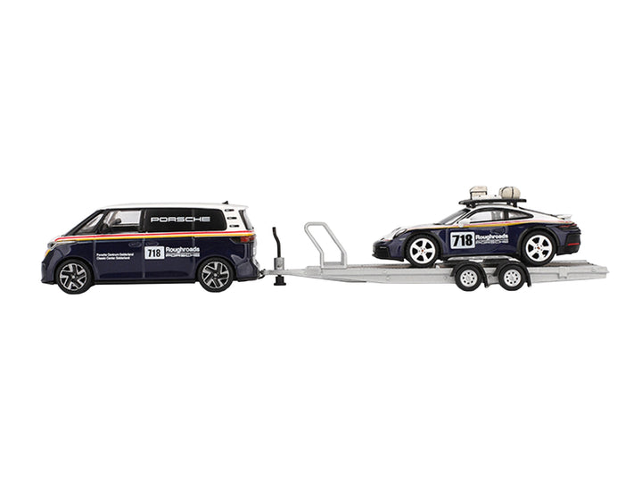 Porsche 911 Dakar #718 Blue and White with Roof Rack and Volkswagen ID. Buzz Blue and White with Flatbed Trailer "Porsche Centrum Gelderland Roughroads" Set of 3 pieces Limited Edition 1/64 Diecast Model Car by Mini GT image 2