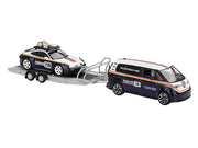 Porsche 911 Dakar #718 Blue and White with Roof Rack and Volkswagen ID. Buzz Blue and White with Flatbed Trailer "Porsche Centrum Gelderland Roughroads" Set of 3 pieces Limited Edition 1/64 Diecast Model Car by Mini GT image 4