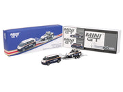 Porsche 911 Dakar #718 Blue and White with Roof Rack and Volkswagen ID. Buzz Blue and White with Flatbed Trailer "Porsche Centrum Gelderland Roughroads" Set of 3 pieces Limited Edition 1/64 Diecast Model Car by Mini GT image 5