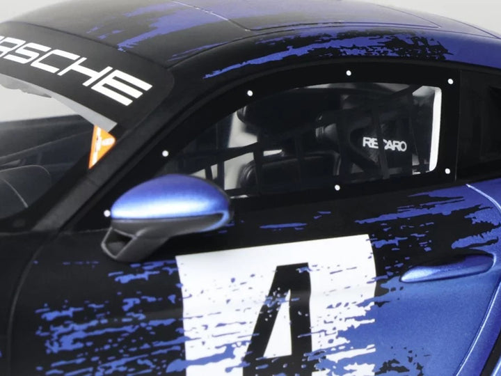 2021 Porsche Cayman 718 GT4 RS Clubsport #4 Black with Blue Graphics Limited Edition to 999 pieces Worldwide 1/18 Model Car by Otto Mobile image 2