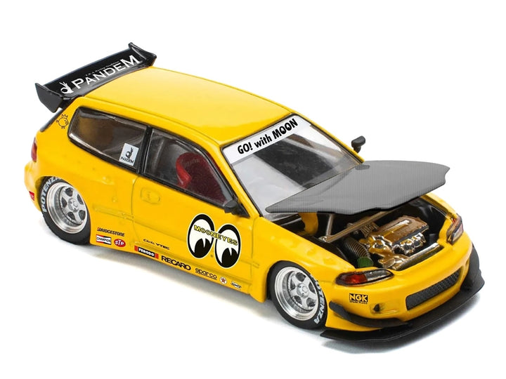 Pandem Civic EG6 RHD (Right Hand Drive) "Mooneyes" Yellow with Carbon Hood "Enigma Exclusive Edition" 1/64 Diecast Model Car by Pop Race image 2
