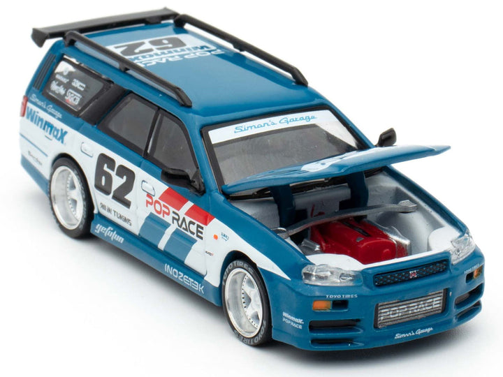 Nissan Stagea RHD (Right Hand Drive) #62 "Simon's Garage" Blue with White Sides 1/64 Diecast Model Car by Pop Race image 2