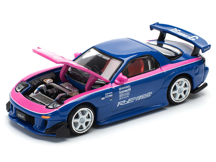 Mazda RX-7 RE-Amemiya Widebody RHD (Right Hand Drive) Blue with Pink Hood and Stripes 1/64 Diecast Model Car by Pop Race image 2