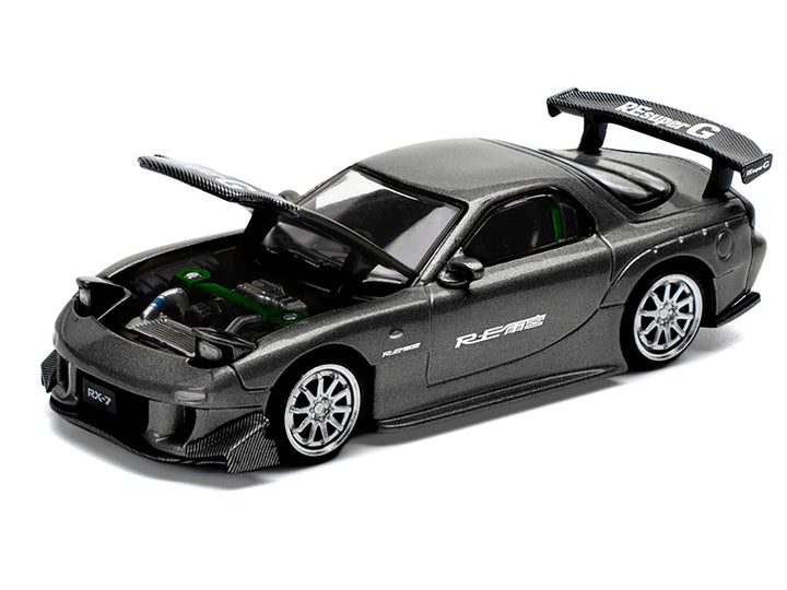 Mazda RX7 (FD) "RE Amemiya" Widebody RHD (Right Hand Drive) Gunmetal Gray Metallic with Carbon Hood 1/64 Diecast Model Car by Pop Race image 2