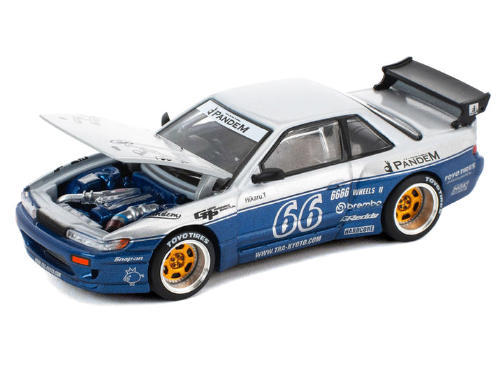 Pandem S13 RHD (Right Hand Drive) Silver and Moontech Blue Metallic with Graphics 1/64 Diecast Model Car by Pop Race image 2