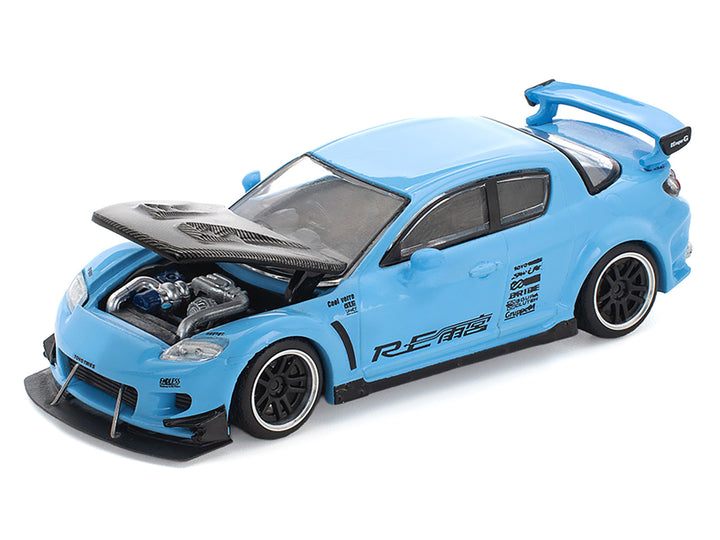 Mazda RX8 RE-Amemiya Widebody RHD (Right Hand Drive) Light Blue with Carbon Hood 1/64 Diecast Model Car by Pop Race image 2
