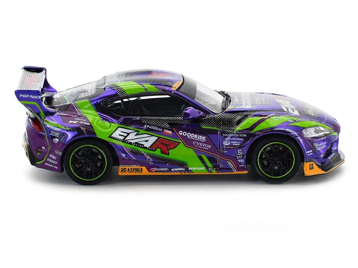 Toyota Pandem GR Supra RHD (Right Hand Drive) "EVA RT Test Type-01 GoodRide" Purple Metallic with Graphics 1/64 Diecast Model Car by Pop Race image 2