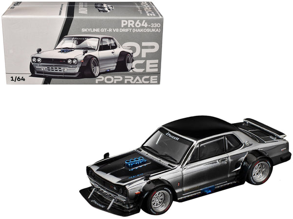 Skyline GT-R V8 Drift "Hakosuka" RHD (Right Hand Drive) Silver Chrome with Black Hood and Top 1/64 Diecast Model Car by Pop Race