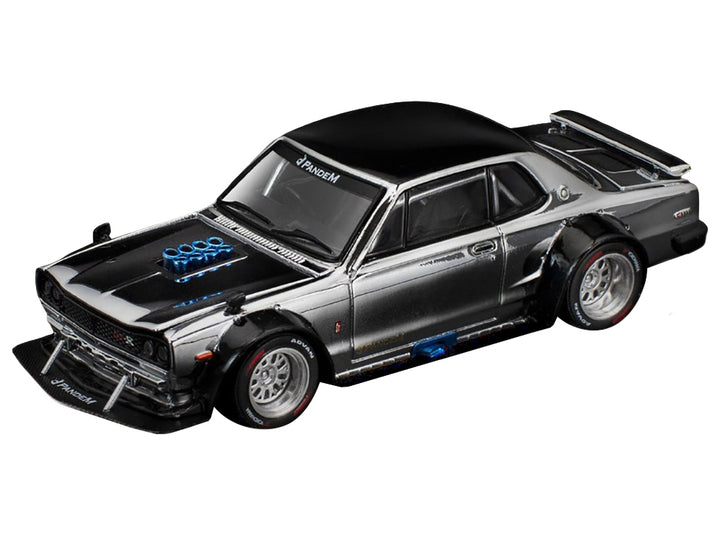 Skyline GT-R V8 Drift "Hakosuka" RHD (Right Hand Drive) Silver Chrome with Black Hood and Top 1/64 Diecast Model Car by Pop Race image 2