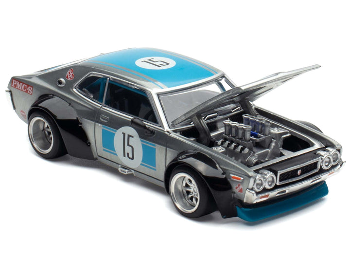 Datsun Laurel C130 RHD (Right Hand Drive) #15 Raw Metal with Blue Stripes "APA XPO 2025 Exclusive" 1/64 Diecast Model Car by Pop Race image 2
