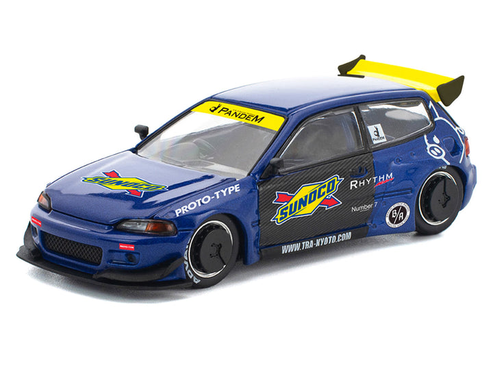 Pandem Civic EG6 RHD (Right Hand Drive) "Sunoco" Blue Metallic with Yellow Accents 1/64 Diecast Model Car by Pop Race image 2