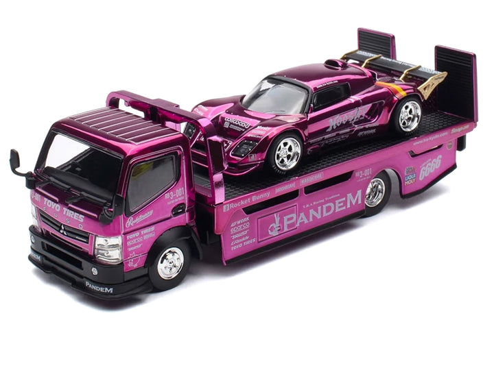 Nissan Pandem Fuso-300 Flatbed Truck RHD (Right Hand Drive) Purple Chrome and Lotus Pandem Elise Purple Chrome with Graphics 2 Car Box Set "Hobby Expo China 2026" 1/64 Diecast Model Car by Pop Race image 2