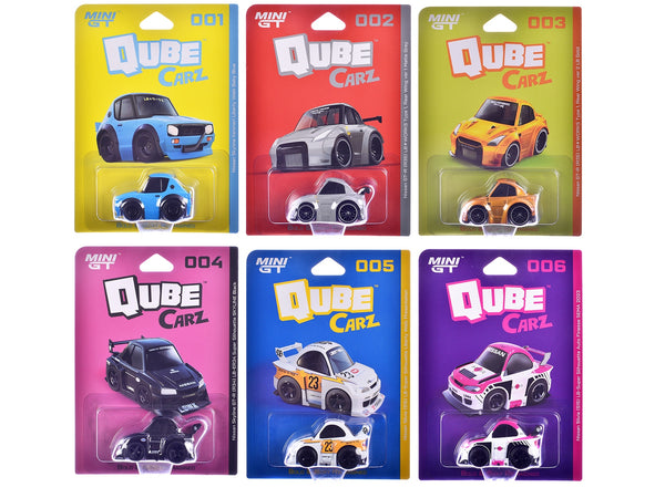 MINI GT QubeCarz Series 1 six-car Nissan assortment with stylized Liberty Walk designs.