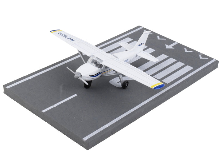 Cessna 172 Aircraft White with Blue and Yellow Stripes "N470ES" with Runway Section Diecast Model Airplane by Runway24 image 2