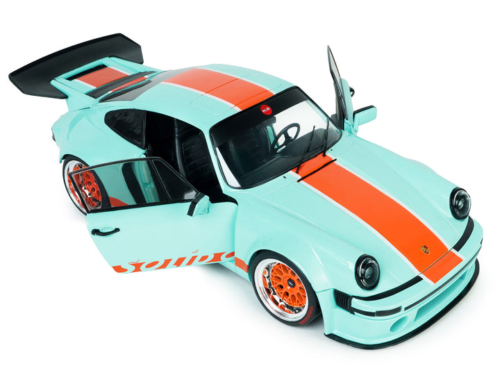 2025 Porsche 911 KS-R by Khyzyl Saleem "Blue Racer" Light Blue with Orange Stripes 1/18 Diecast Model Car by Solido image 2