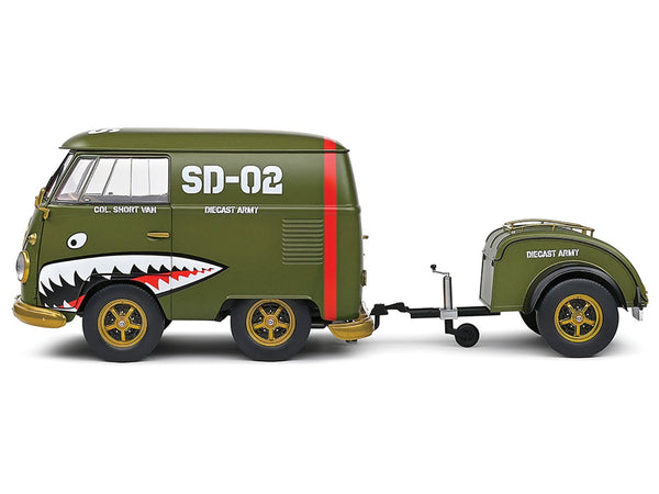 1950 Volkswagen Kool Kombi Van with Trailer "Army Fighter" Green with Graphics 1/18 Diecast Model Car by Solido