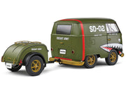 1950 Volkswagen Kool Kombi Van with Trailer "Army Fighter" Green with Graphics 1/18 Diecast Model Car by Solido image 2