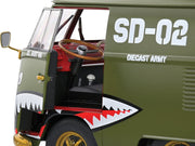 1950 Volkswagen Kool Kombi Van with Trailer "Army Fighter" Green with Graphics 1/18 Diecast Model Car by Solido image 5