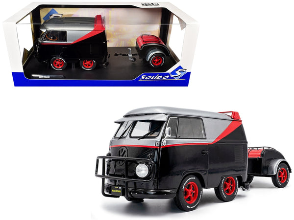 2024 Volkswagen Kool Kombi Sport Van with Trailer Black and Silver with Red Stripe 1/18 Diecast Model Car by Solido