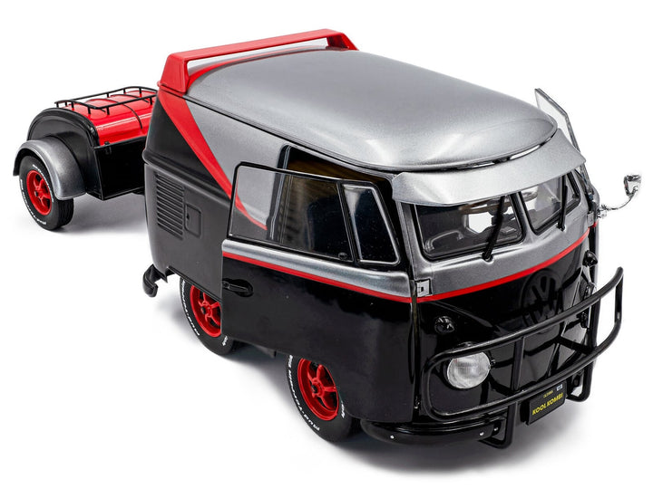 2024 Volkswagen Kool Kombi Sport Van with Trailer Black and Silver with Red Stripe 1/18 Diecast Model Car by Solido image 2
