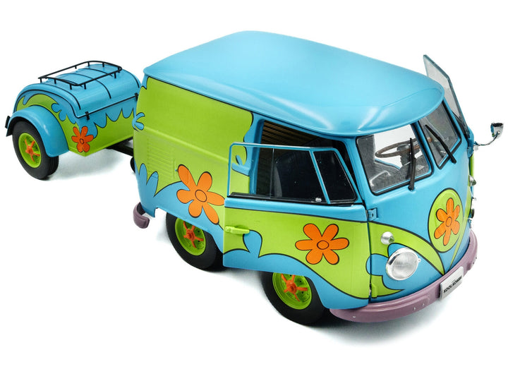 2024 Volkswagen Kool Kombi Van with Trailer "Ghost Hunter" Blue and Green with Graphics 1/18 Diecast Model Car by Solido image 2