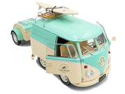 2024 Volkswagen Cool Combi Van with Trailer "Long Beach Surfing Club" Mint Green and Cream with Roof Rack and Surfboard 1/18 Diecast Model Car by Solido image 2