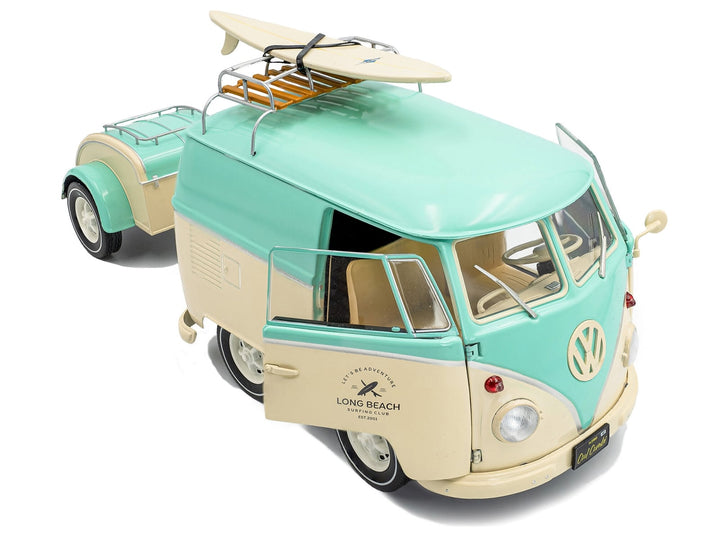 2024 Volkswagen Cool Combi Van with Trailer "Long Beach Surfing Club" Mint Green and Cream with Roof Rack and Surfboard 1/18 Diecast Model Car by Solido image 2