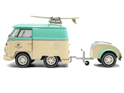 2024 Volkswagen Cool Combi Van with Trailer "Long Beach Surfing Club" Mint Green and Cream with Roof Rack and Surfboard 1/18 Diecast Model Car by Solido image 3