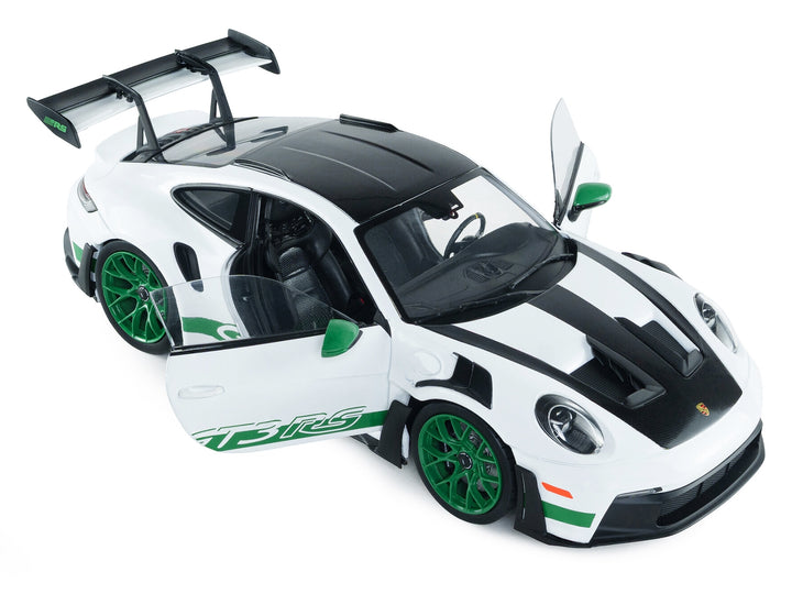 2024 Porsche 911 GT3 RS "Tribute to Carrera RS Package" White with Carbon Hood Stripes and Top and Green Side Stripes and Wheels 1/18 Diecast Model Car by Solido image 2