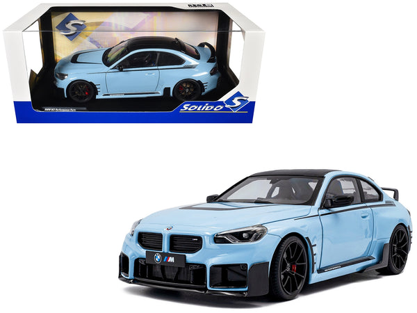 2024 BMW M2 Performance Parts Zandvoort Blue with Carbon Top and Black Stripes 1/18 Diecast Model Car by Solido
