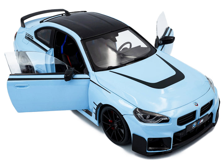 2024 BMW M2 Performance Parts Zandvoort Blue with Carbon Top and Black Stripes 1/18 Diecast Model Car by Solido image 2