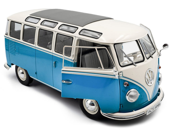1962 Volkswagen T1 Samba Bus Baby Blue and White 1/18 Diecast Model Car by Solido image 2
