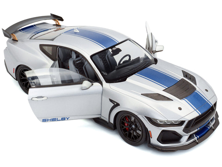 2024 Ford Shelby Mustang Super Snake Gray Metallic with Blue Stripes 1/18 Diecast Model Car by Solido image 2