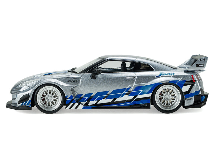 2020 Nissan GT-R (R35) Liberty Walk Silhouette RHD (Right Hand Drive) Silver Metallic with Black Top and Blue Graphics 1/43 Diecast Model Car by Solido image 2