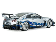 2020 Nissan GT-R (R35) Liberty Walk Silhouette RHD (Right Hand Drive) Silver Metallic with Black Top and Blue Graphics 1/43 Diecast Model Car by Solido image 3