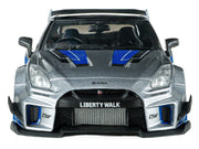 2020 Nissan GT-R (R35) Liberty Walk Silhouette RHD (Right Hand Drive) Silver Metallic with Black Top and Blue Graphics 1/43 Diecast Model Car by Solido image 4