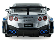 2020 Nissan GT-R (R35) Liberty Walk Silhouette RHD (Right Hand Drive) Silver Metallic with Black Top and Blue Graphics 1/43 Diecast Model Car by Solido image 5