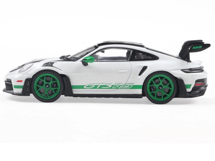 2023 Porsche 911 (992) GT3 RS "Tribute to Carrera RS Package" White with Green Stripes and Black Hood and Top 1/43 Diecast Model Car by Solido image 2