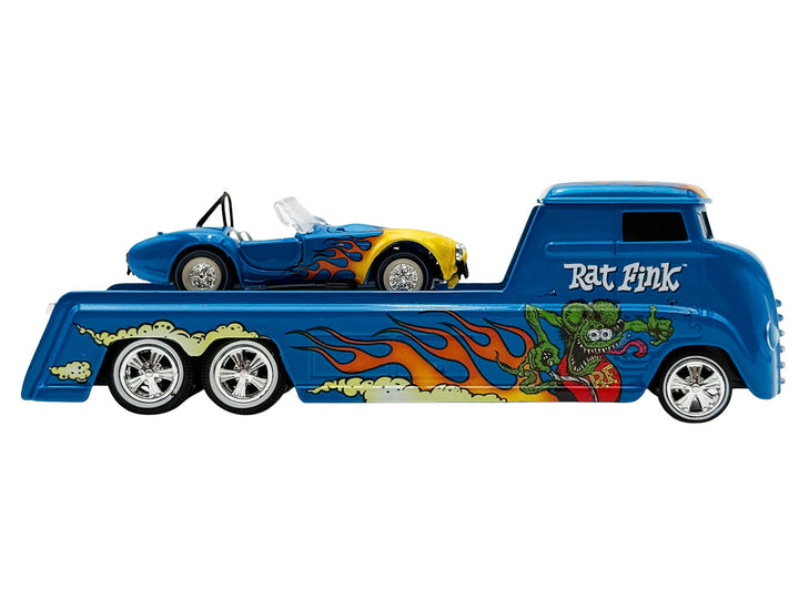 Shelby Cobra Super Snake Blue Metallic with Flames and Custom "Rat Fink" Hauler Blue Metallic with Flames and Graphics 1/64 Diecast Model Cars by ACME image 2