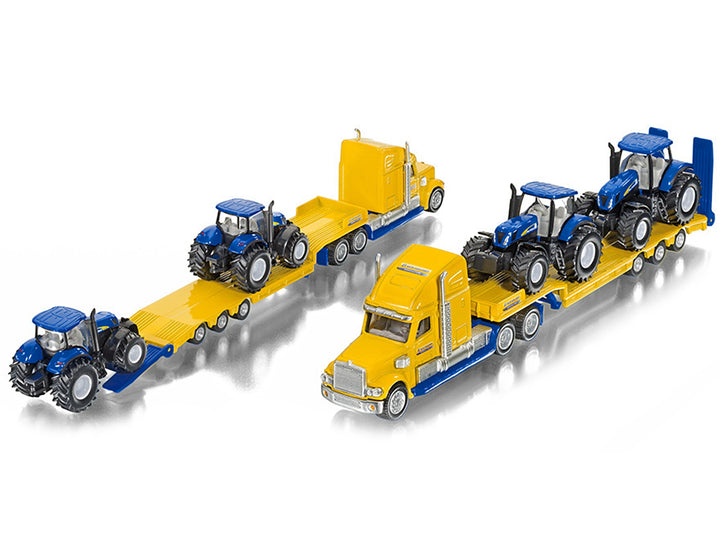 Tractor Truck Yellow with 2 New Holland T7070 Tractors Blue 1/87 (HO) Diecast Models by Siku image 2