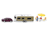 Porsche Macan Turbo Maroon Metallic and Dethleffs Exclusiv Emotion Caravan with Figures and Camp Accessories Set 1/55 Diecast Model by Siku image 4