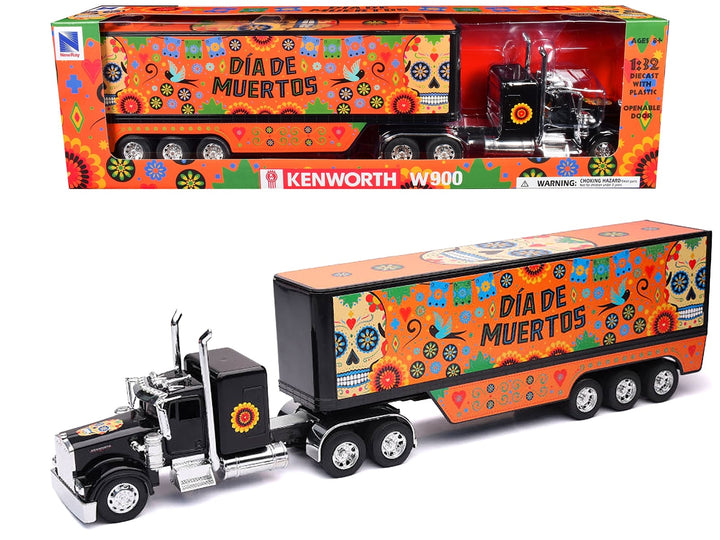 Kenworth W900 Truck Black with Graphics and Dry Van Trailer "Dia De Muertos" 1/32 Diecast Model by New Ray image 2