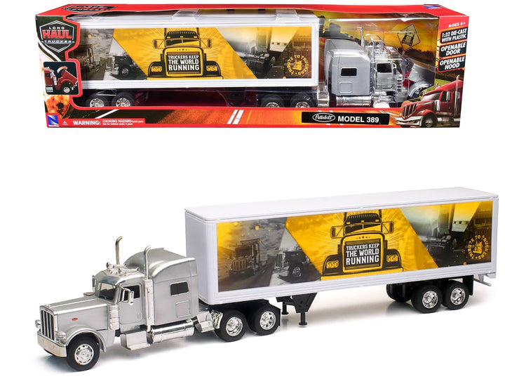 Peterbilt 389 Truck Silver Metallic with Dry Van Trailer "Trucker Keep The World Running" "Long Haul Truckers" Series 1/32 Diecast Model by New Ray image 2