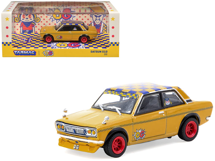 Datsun 510 "OG Beer" Yellow with Checkered Top "Hobby64" Series 1/64 Diecast Model Car by Tarmac Works