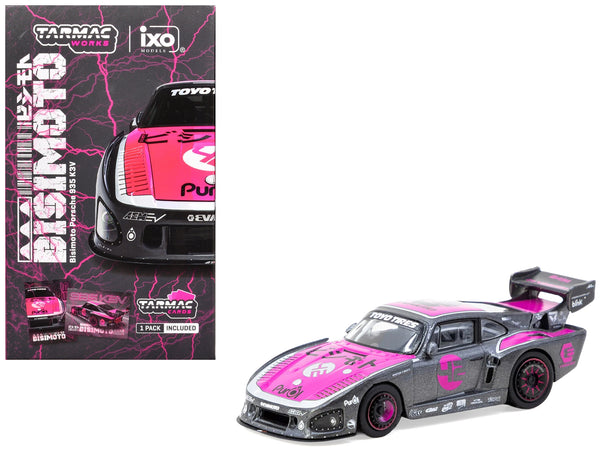 Porsche 935 K3V Bisimoto Gray Metallic with Pink Hood and Top with Tarmac Cards "Hobby64" Series 1/64 Diecast Model by Tarmac Works