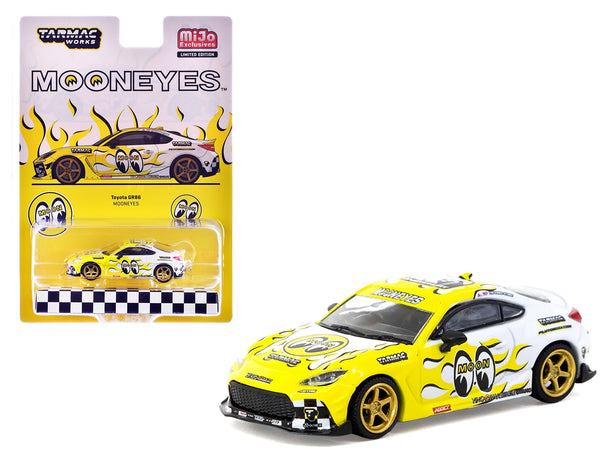 Toyota GR86 RHD (Right Hand Drive) "MoonEyes" White with Yellow Flames and Graphics "Global64" Series 1/64 Diecast Model by Tarmac Works