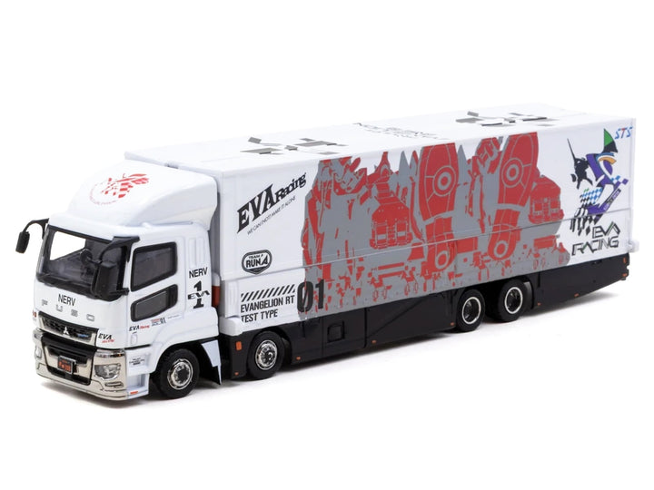Mitsubishi Fuso Super Great Truck with Transporter "EVA Racing" White with Graphics "Truck64" Series 1/64 Diecast Model Car by Tarmac Works image 2