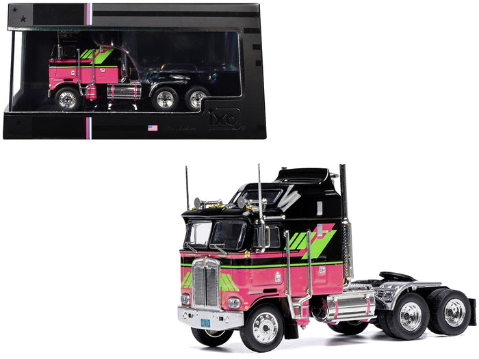 1976 Kenworth K100 Aerodyne Truck Tractor Black and Pink with Graphics 1/64 Diecast Model by IXO Models
