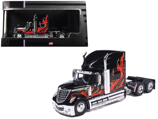 2010 International Lonestar Truck Tractor Black with Flame Graphics 1/64 Diecast Model by IXO Models