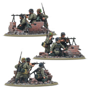 Warlord Games 402013103 German Veteran Infantry Platoon machine gun team assembly example shown painted from three angles.
